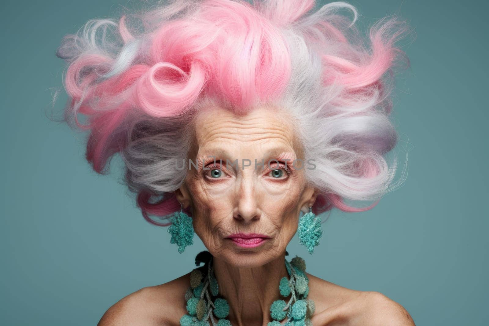 Old lady colored hair. Face fun wavy. Fictional person. Generate Ai