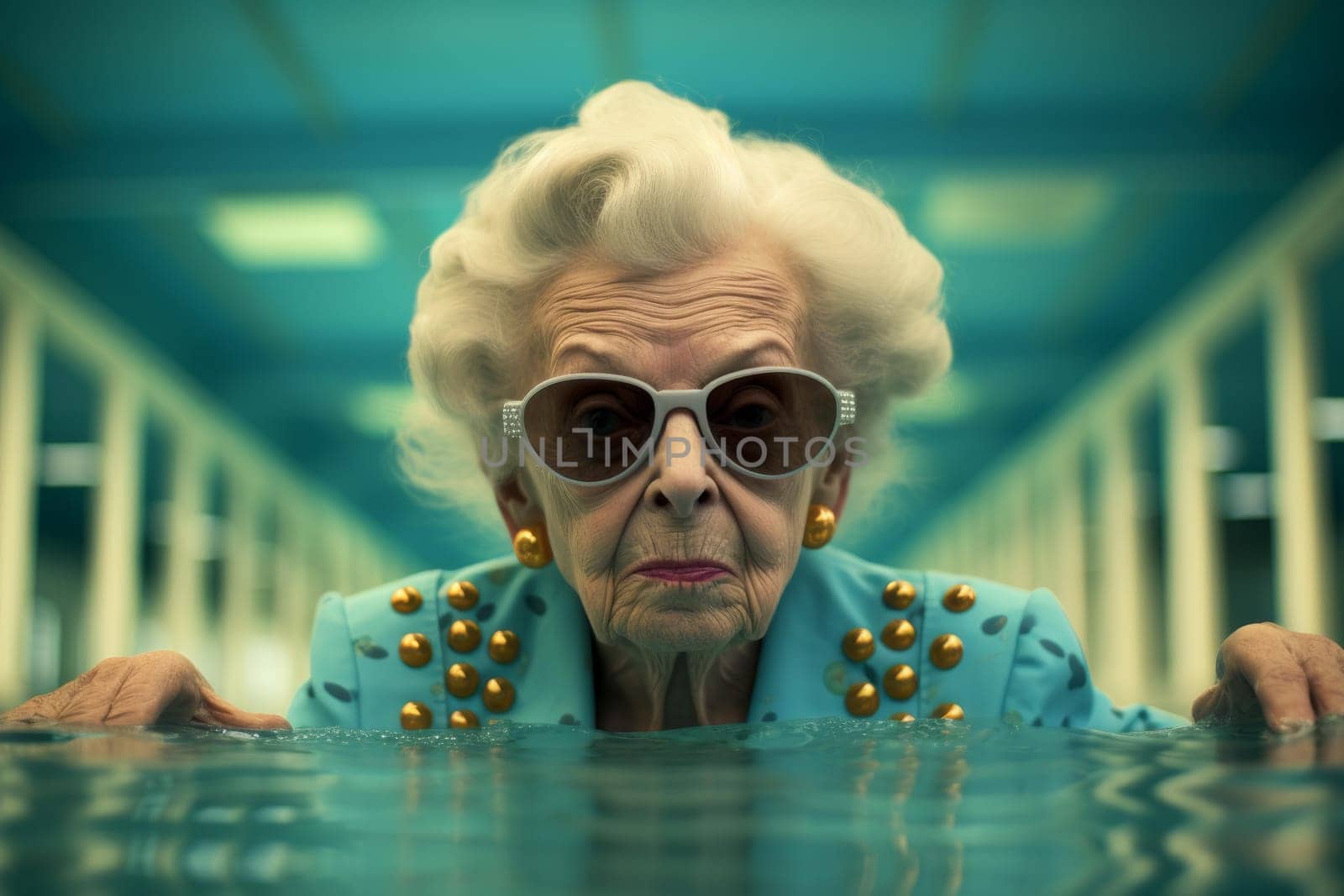 Colorful Old lady pool ring. Lady summertime. Generate Ai