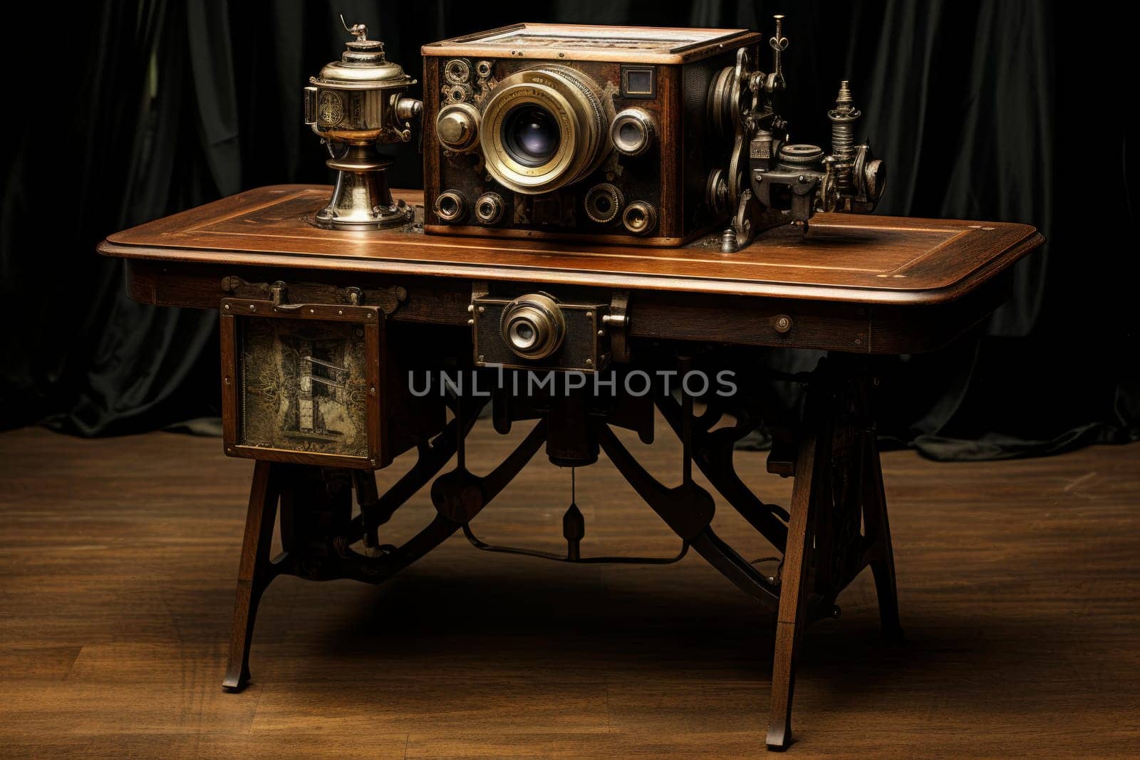 Dusty Old camera closeup table. Focus macro. Generate Ai
