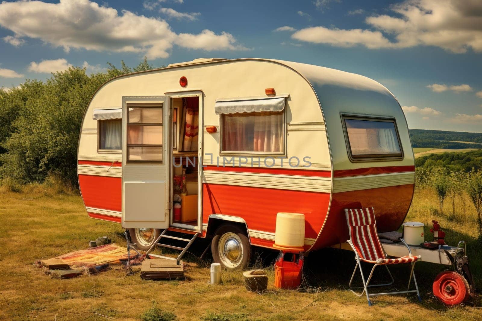 Rustic Old retro caravan. Tourism motor. Generate Ai