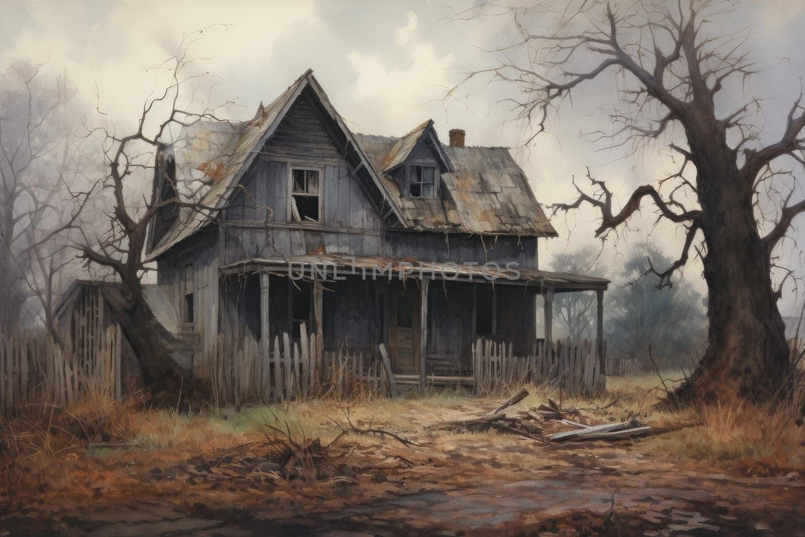 Eerie Old abandoned house. Scary cloudy. Generate Ai
