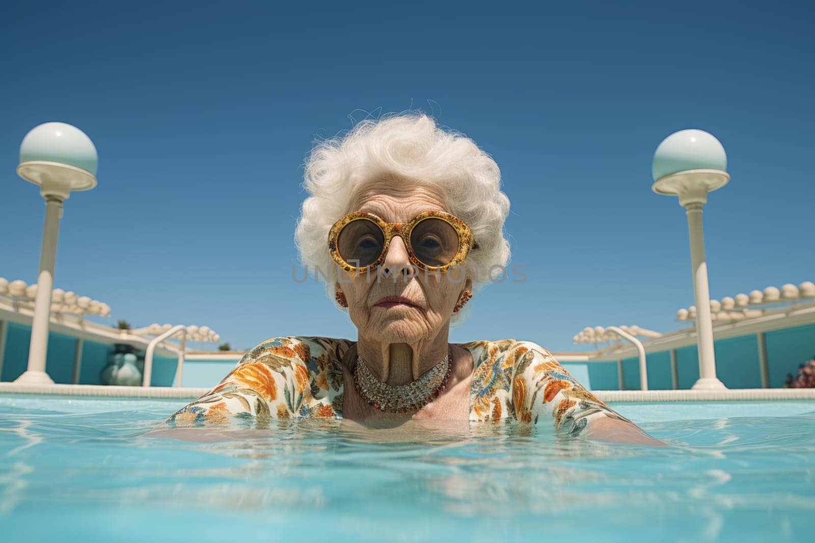 Nostalgic Old lady pool ring. Lady summertime. Generate Ai