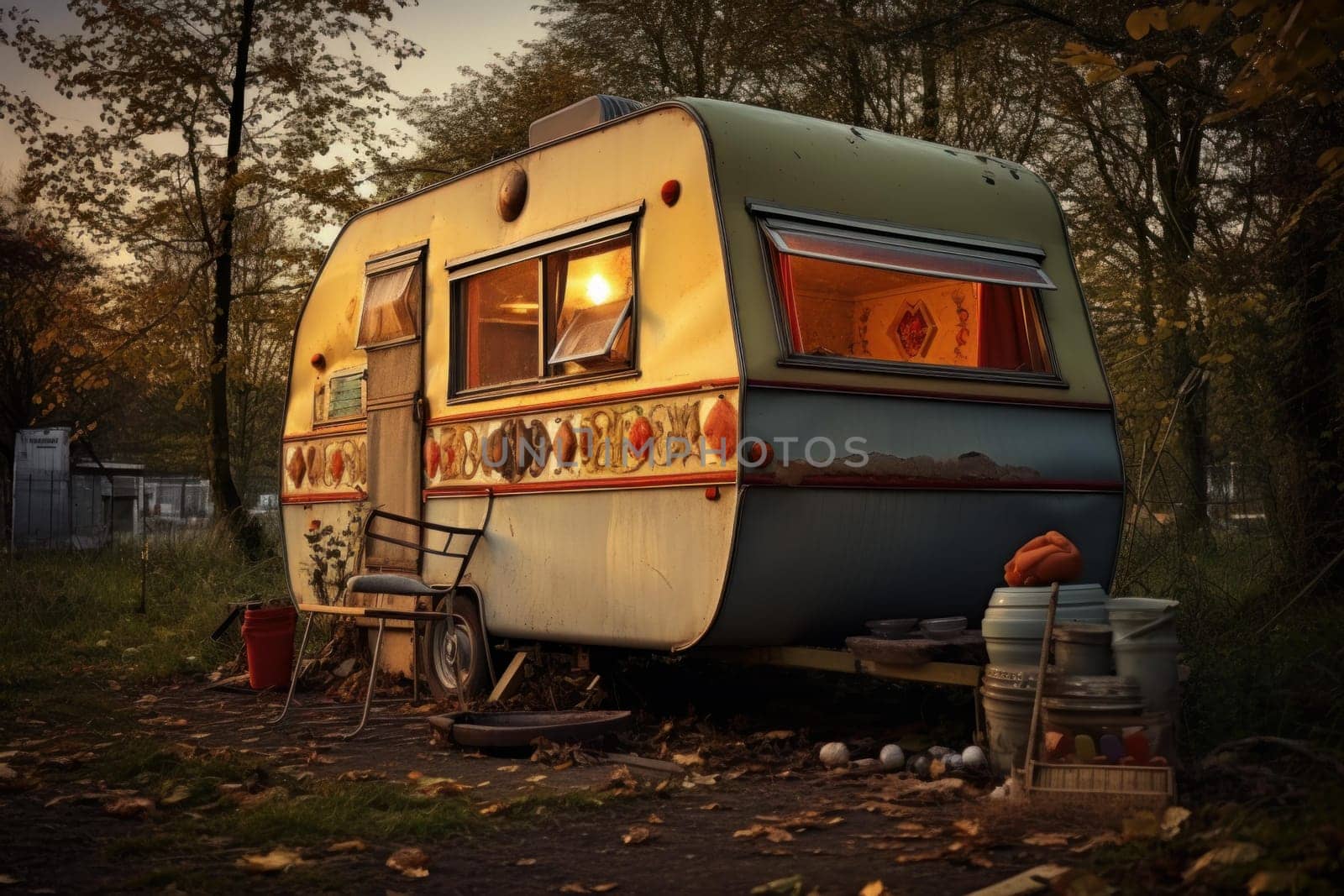 Old retro caravan. Tourism motor. Generate Ai