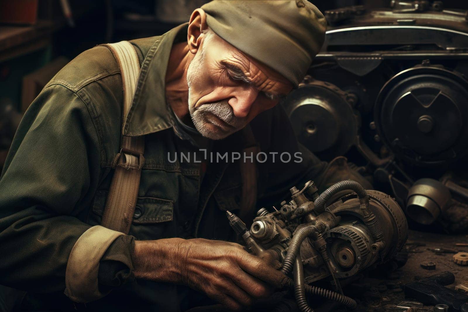 Hardworking Elderly man mechanic repairing equipment. Senior male working in automotive garage service. Generate ai