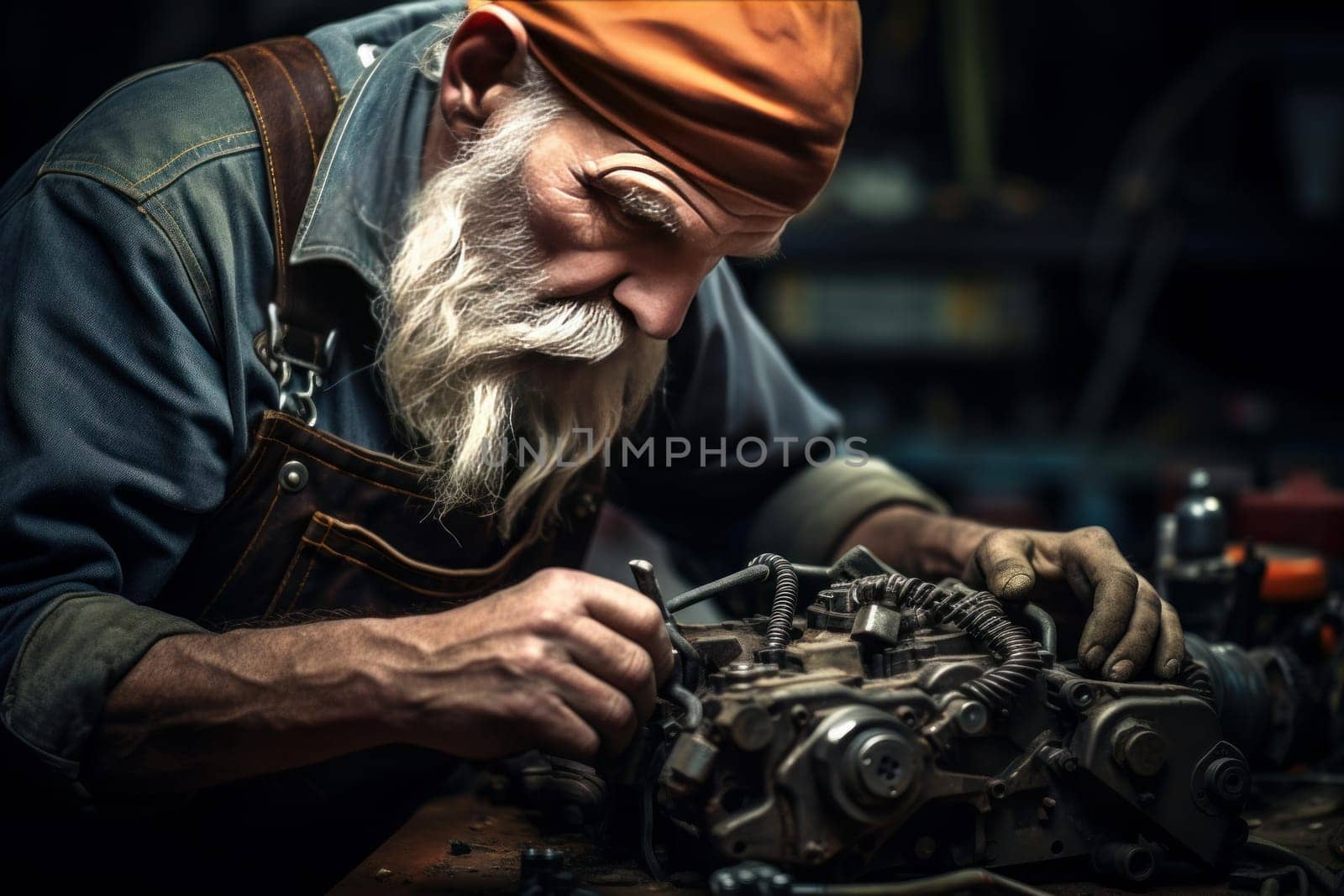 Skillful Elderly man mechanic repairing equipment. Senior male working in automotive garage service. Generate ai