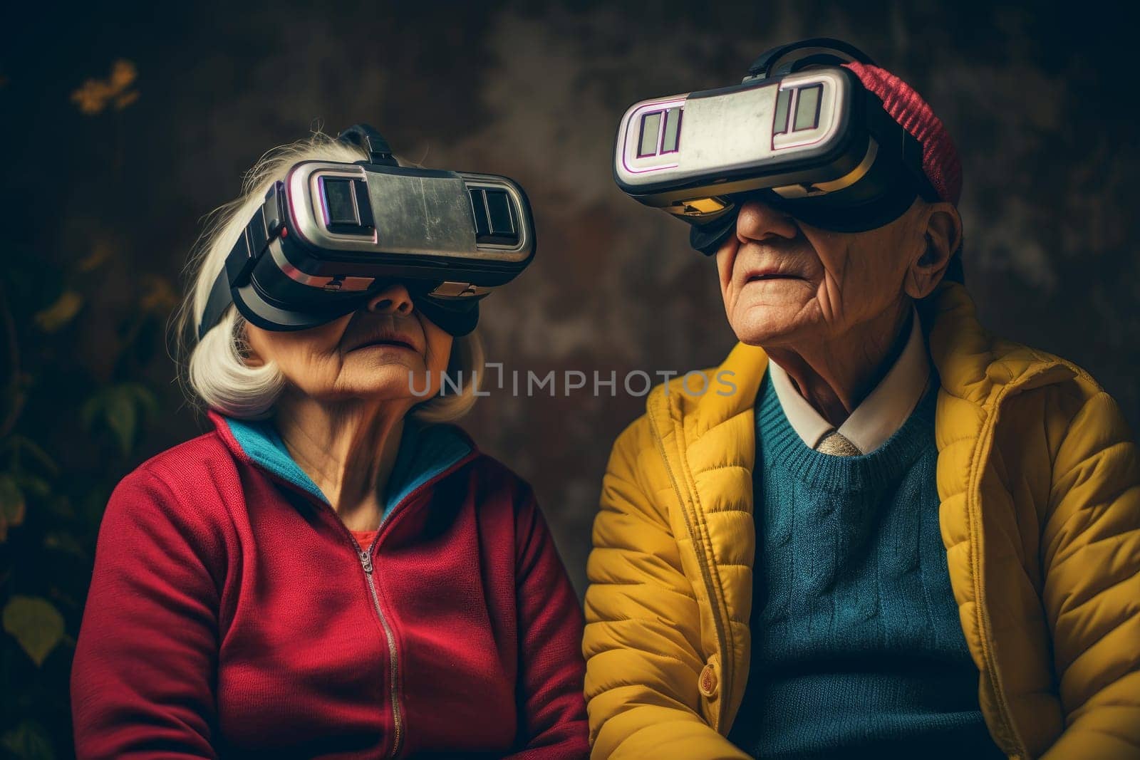 Delighted Happy old couple vr glasses. Person lifestyle. Generate Ai