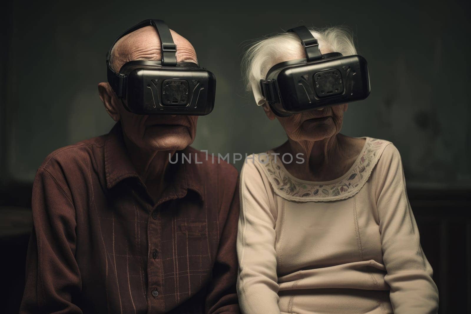 Elderly Happy old couple vr glasses. Person lifestyle. Generate Ai