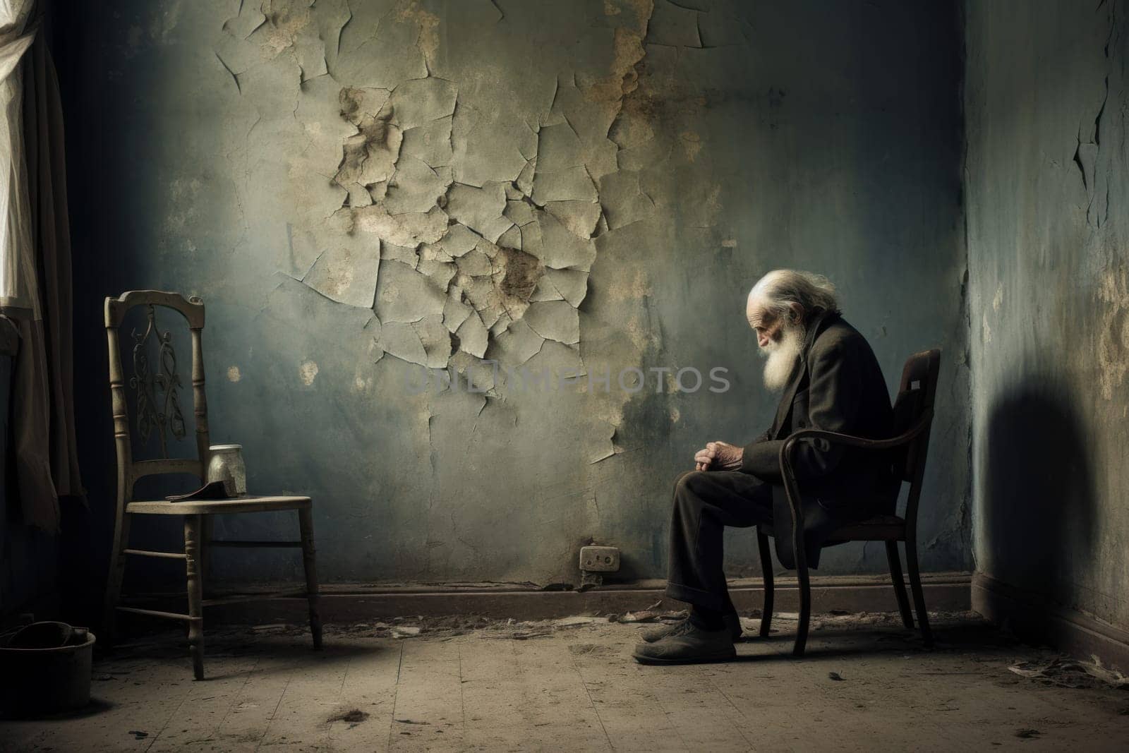 Solitary old man sitting alone in front of the door. Home room. Generate Ai