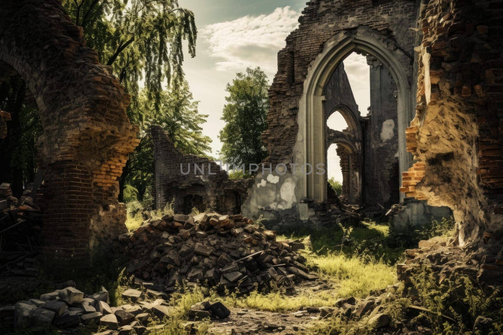 Eerie Old church ruines stone. City retro. Generate Ai