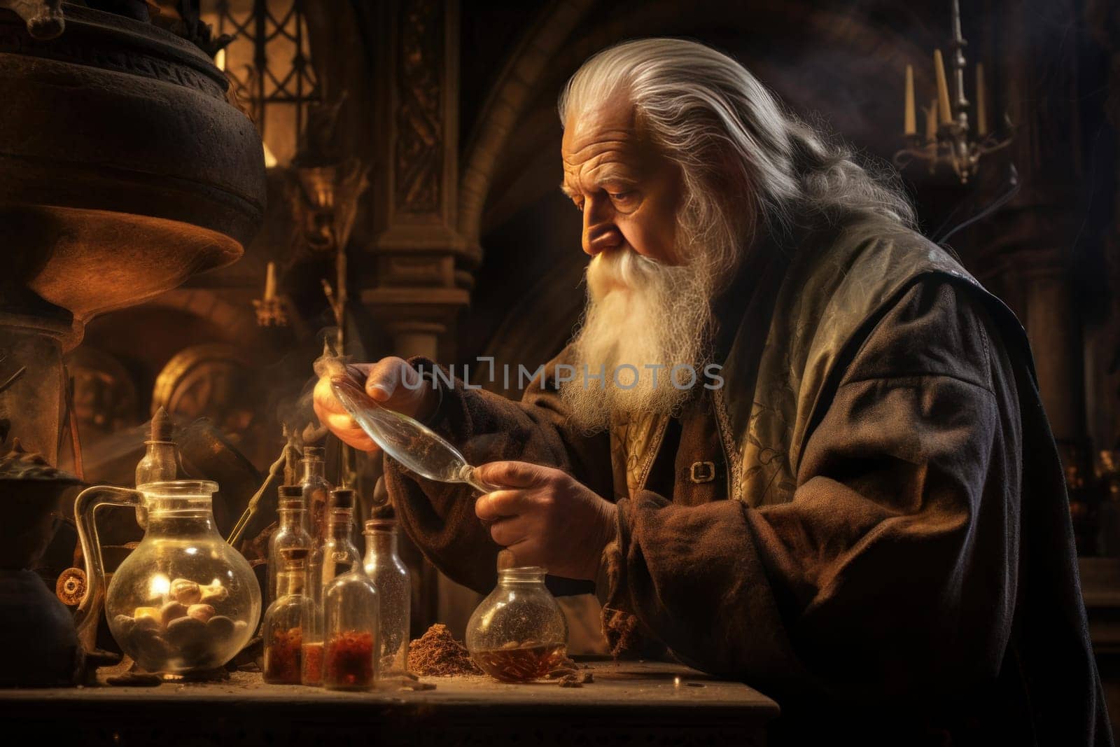 Mystical Old medieval alchemist. Lab alchemy. Fictional person. Generate Ai