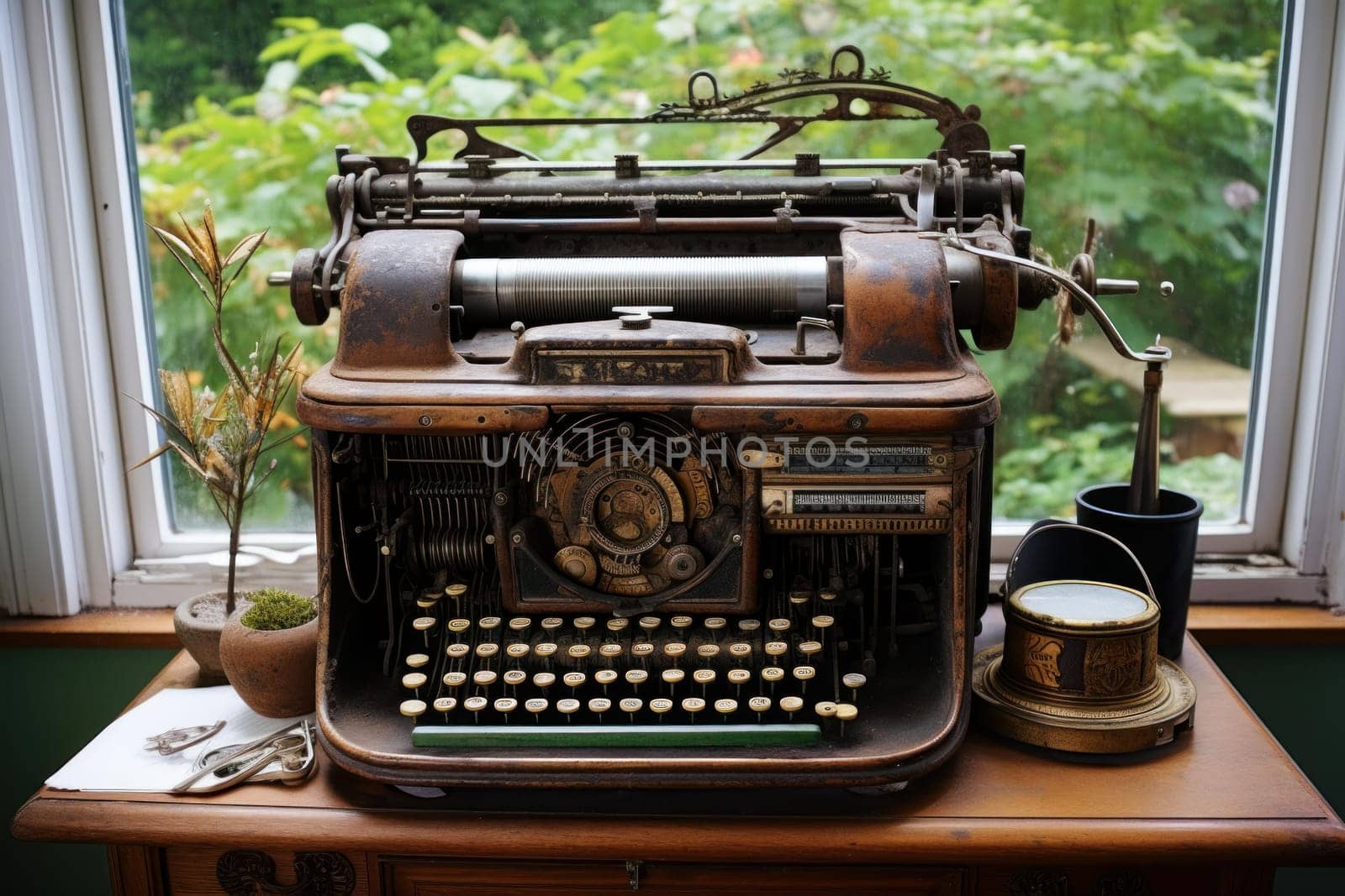 Rusted Old typewriter. Write story page. Generate Ai