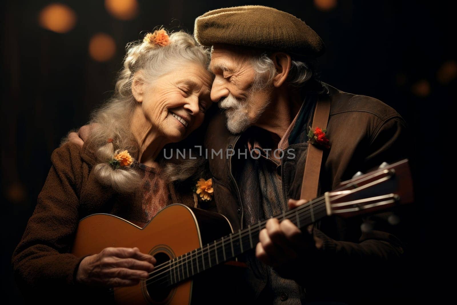 Old couple guitar play. Party love person nature outdoor. Generate Ai
