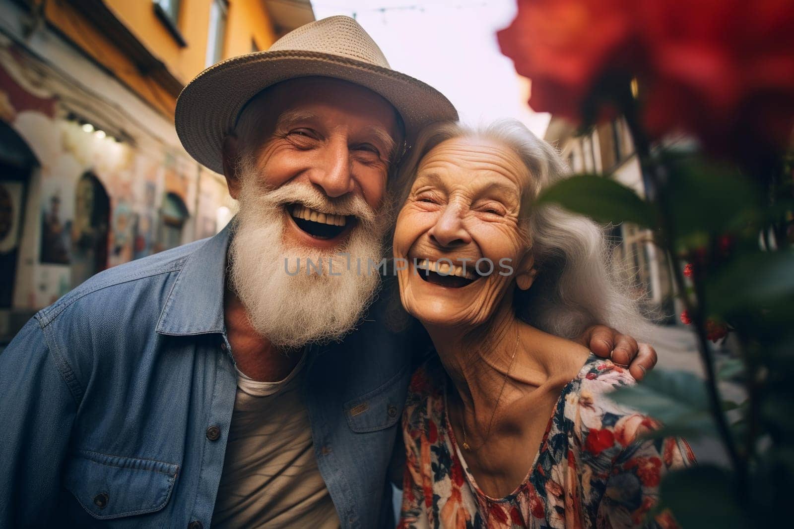 Nostalgic Senior old couple selfie. Female care. Generate Ai