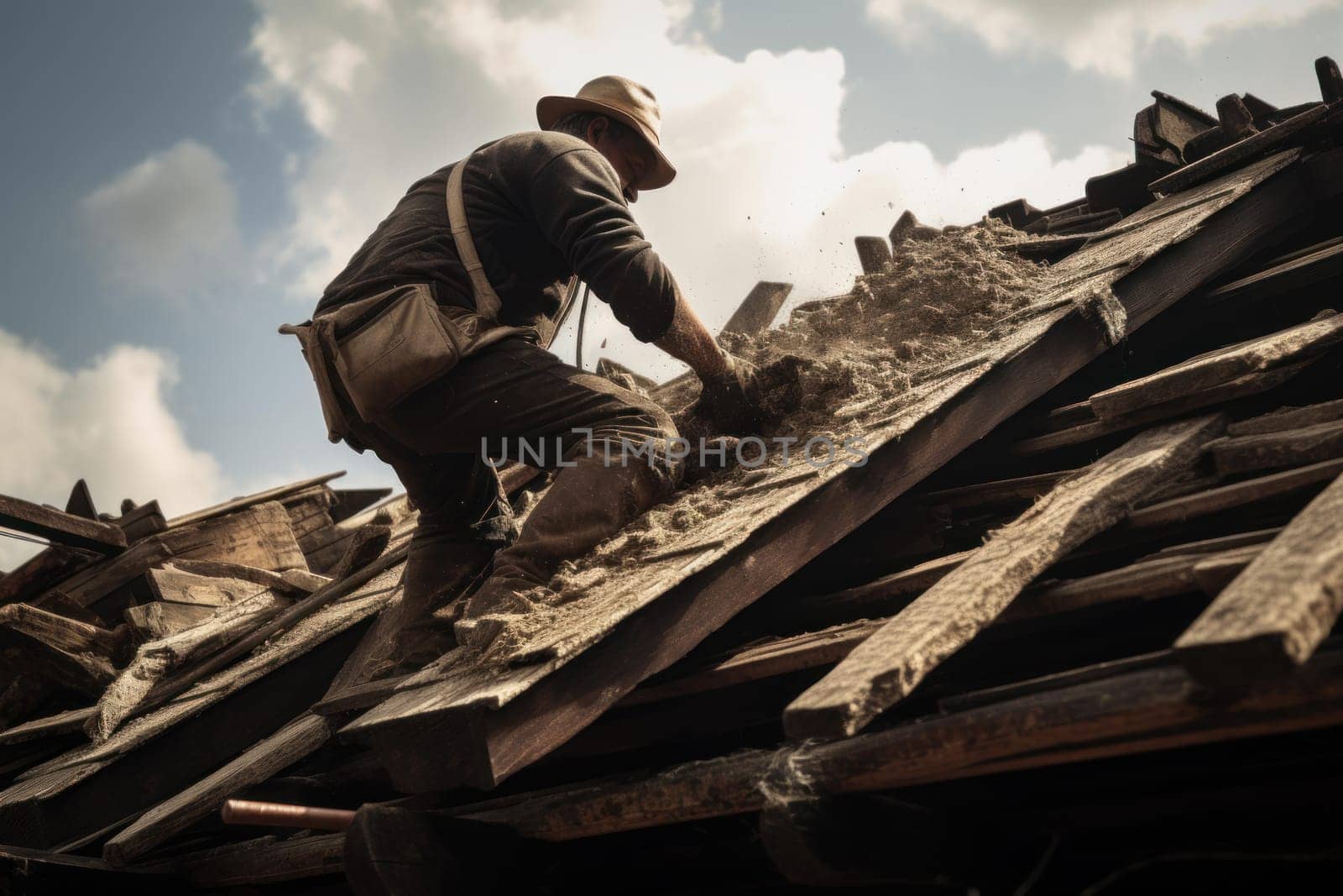 Deteriorated Old roof removing. Old work fix scrape builder. Generate Ai
