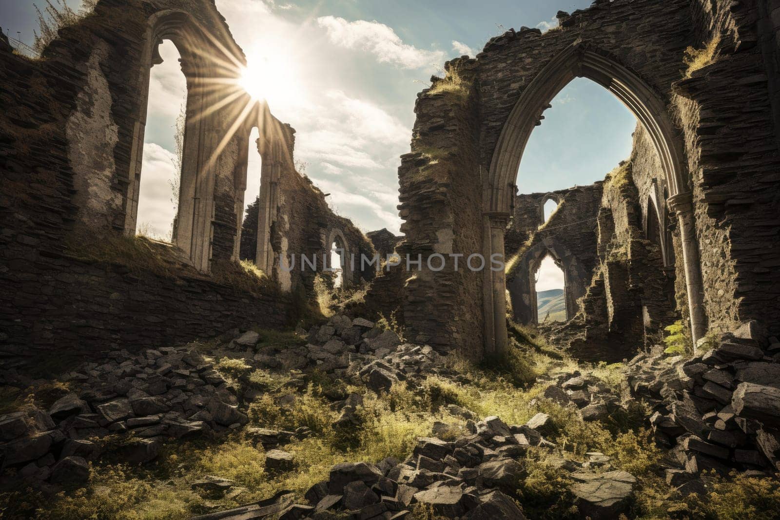 Weathered Old church ruines stone. City retro. Generate Ai