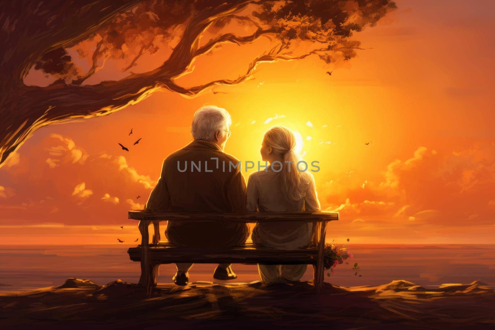 Serene Senior old couple sunset. Female active. Generate Ai