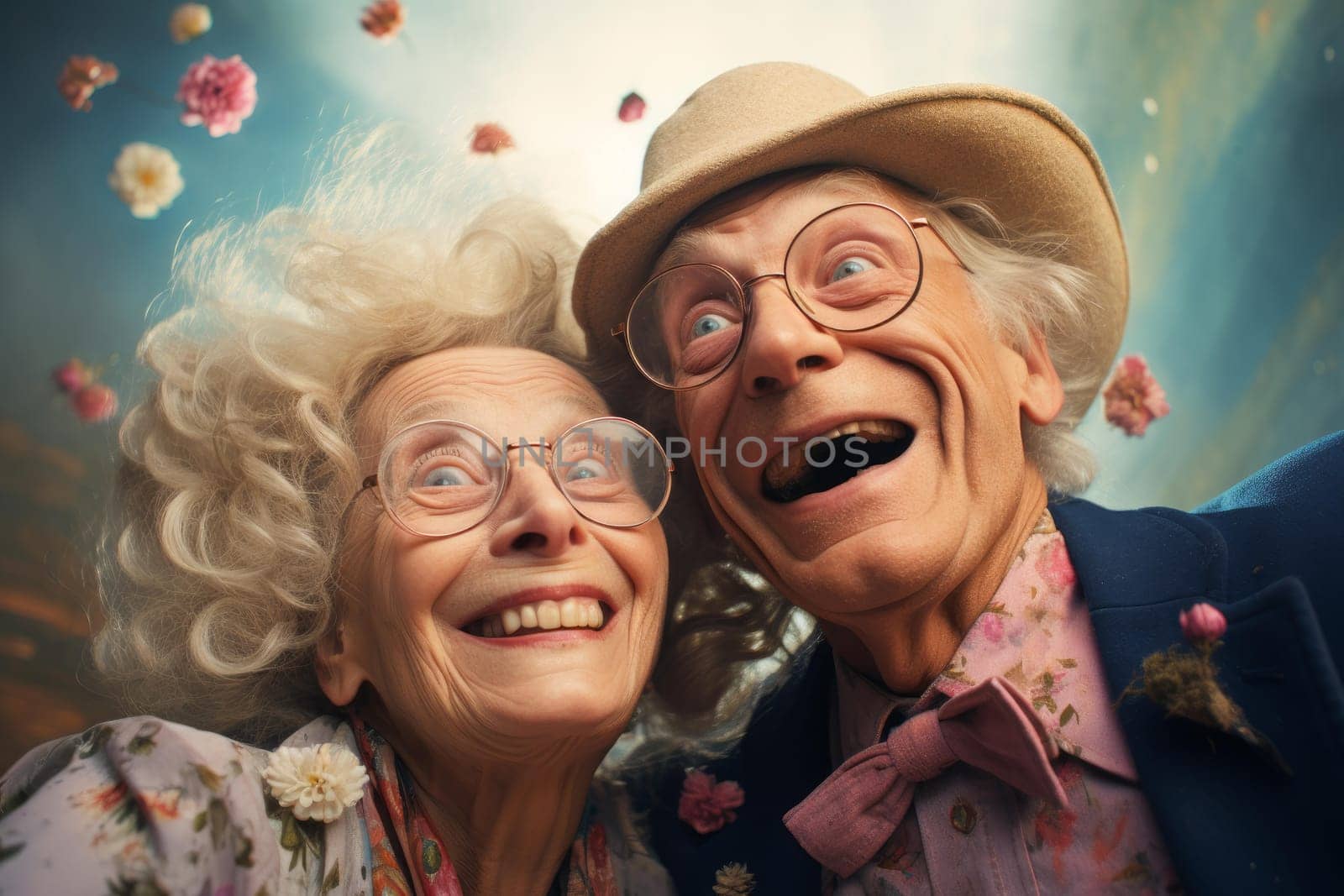 Cheerful Senior old couple selfie. Female care. Generate Ai