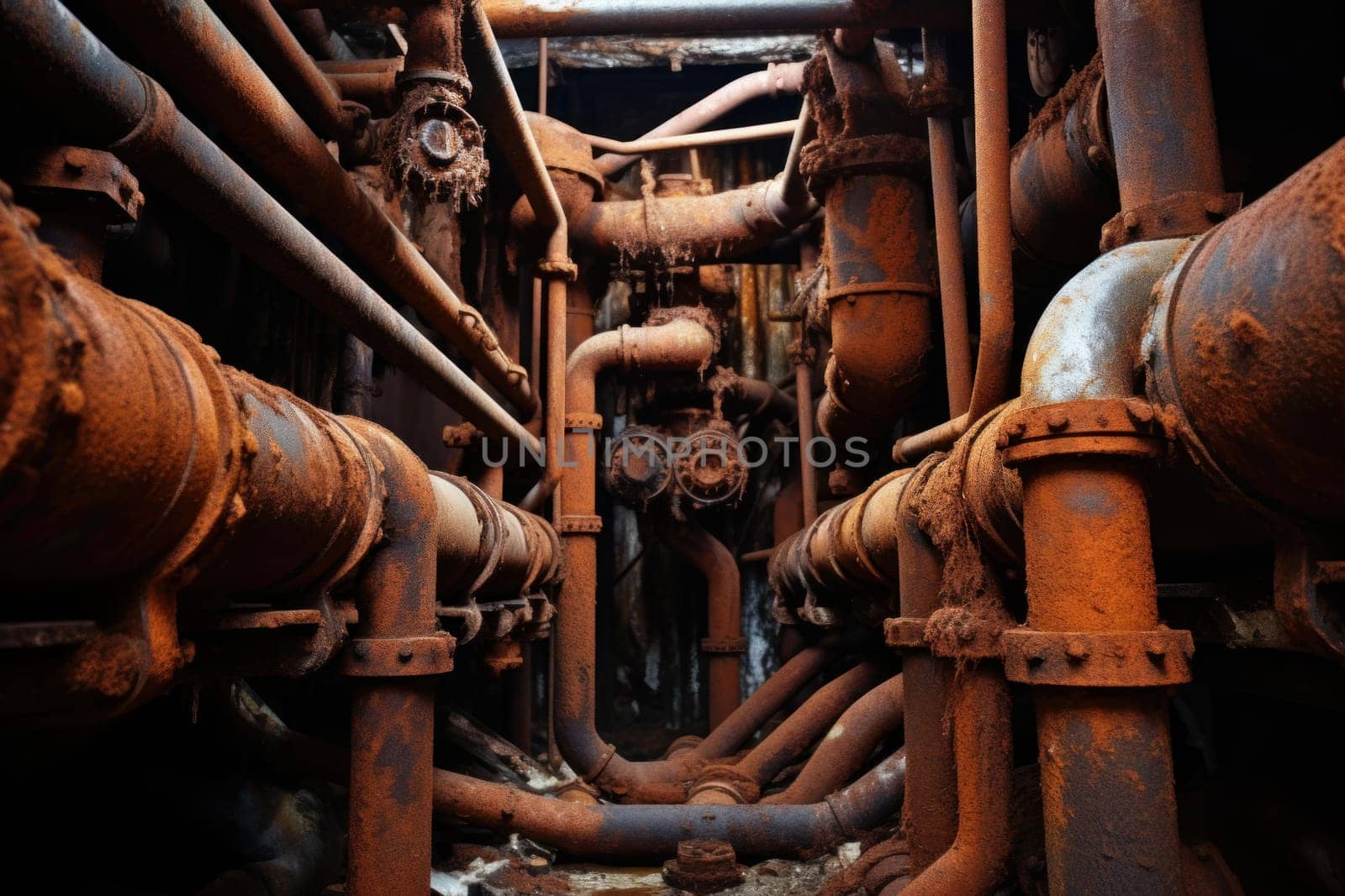 Stack of rusty orange pipes. Old rusted steel industrial pipelines covered with oxidized scab. Generate ai