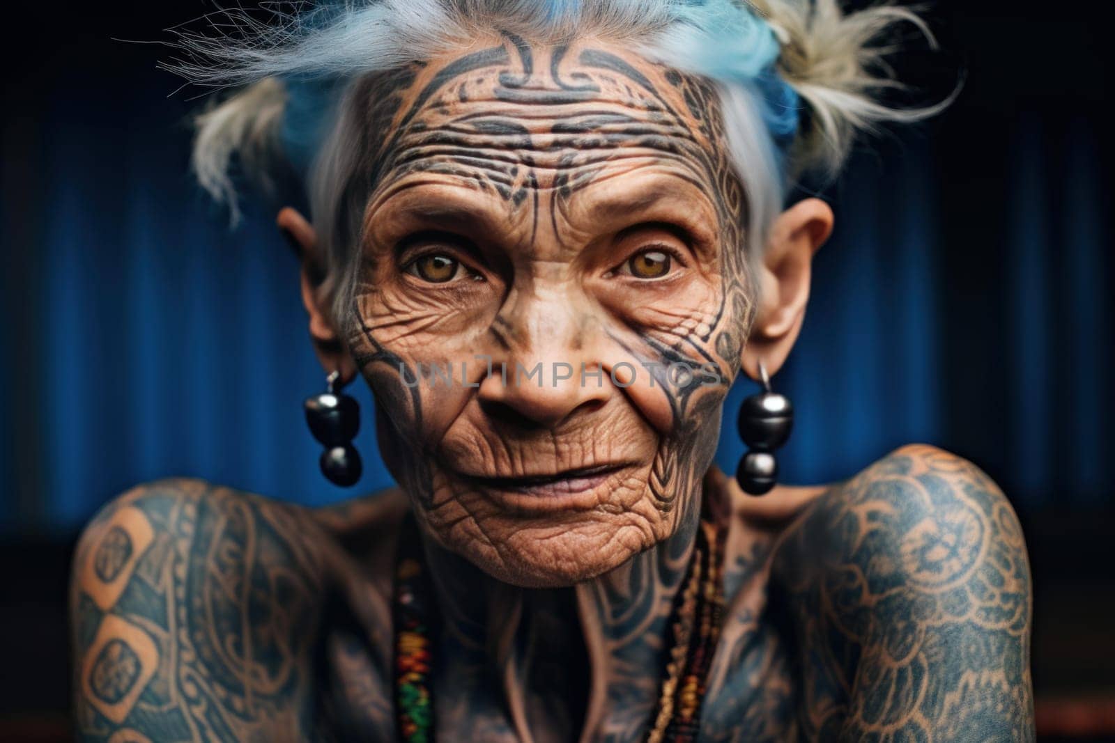 Old woman tattoo. Senior mature lady. Generate Ai