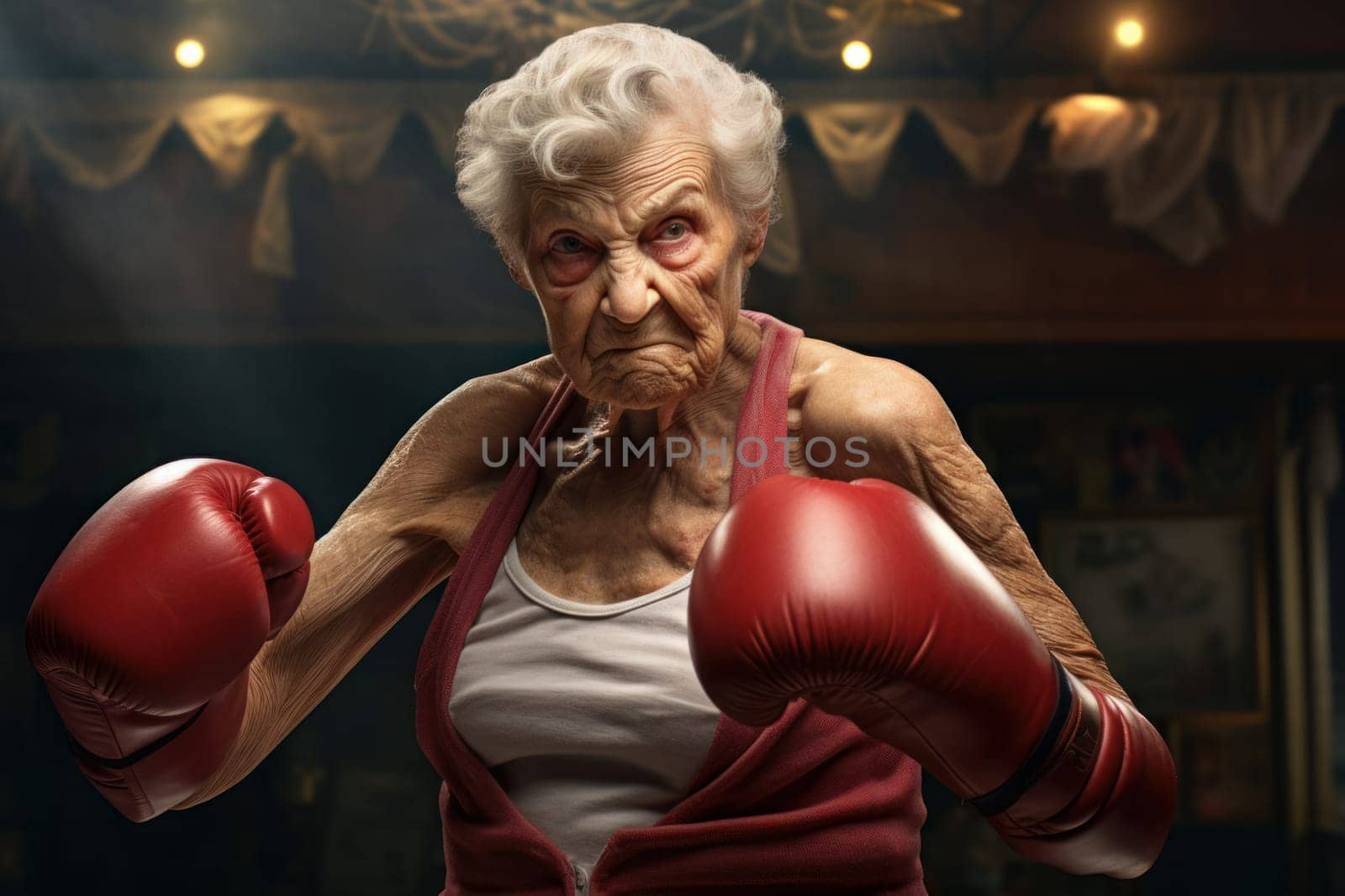 Fit Old woman boxer. Person healthy. Generate Ai