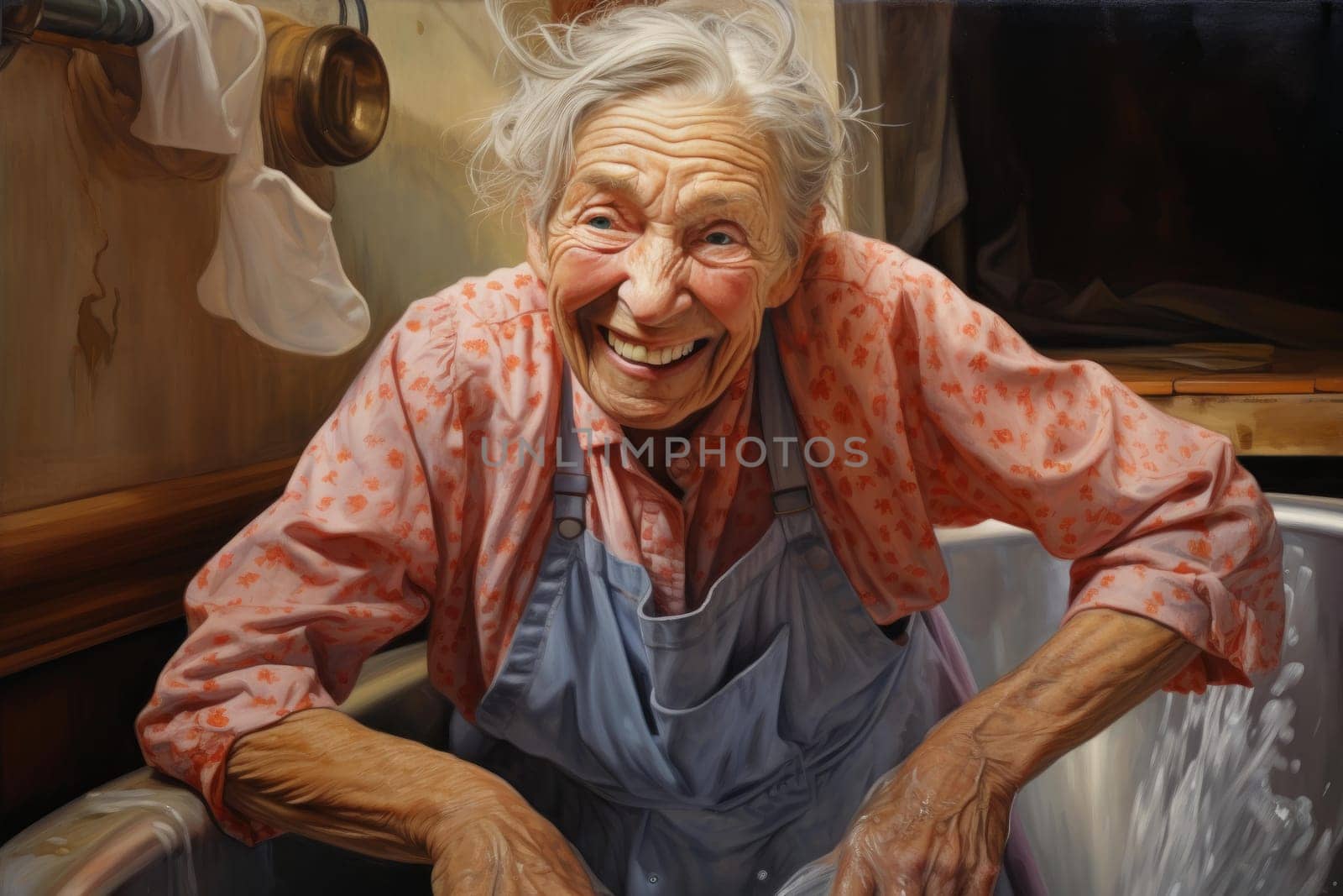 Warm Grandma housewife at kitchen. Home portrait with sad aged woman. Generate Ai
