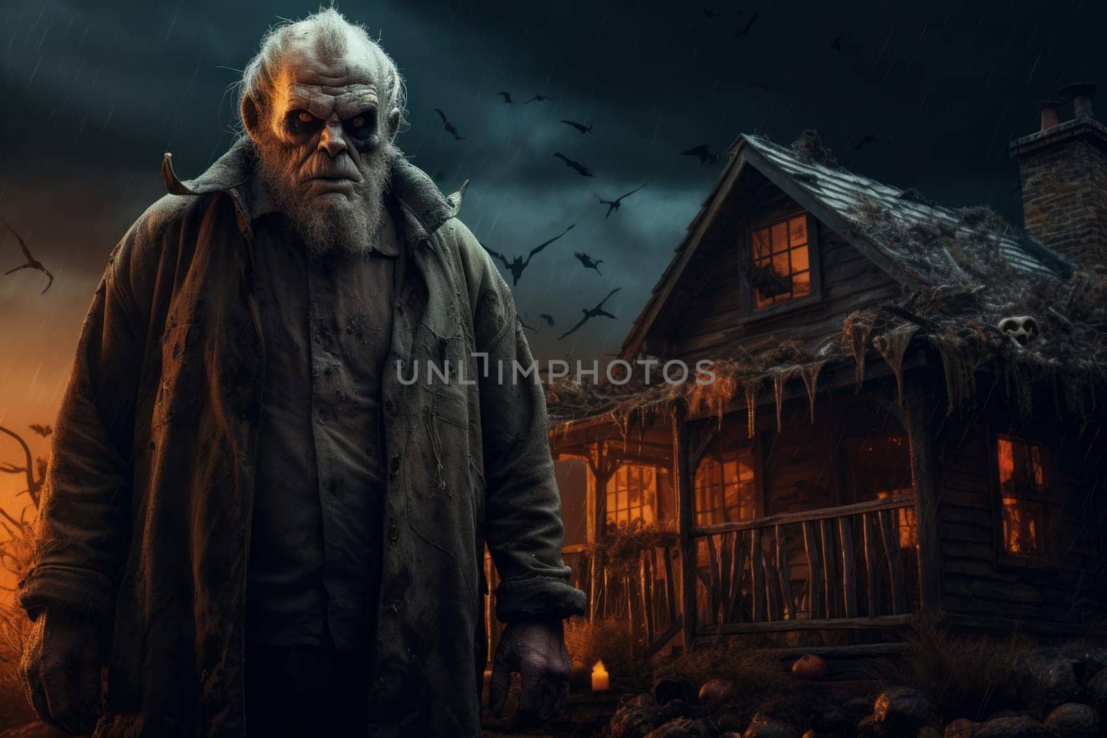 Shadowy Old man halloween house. Holiday spooky. Generate Ai