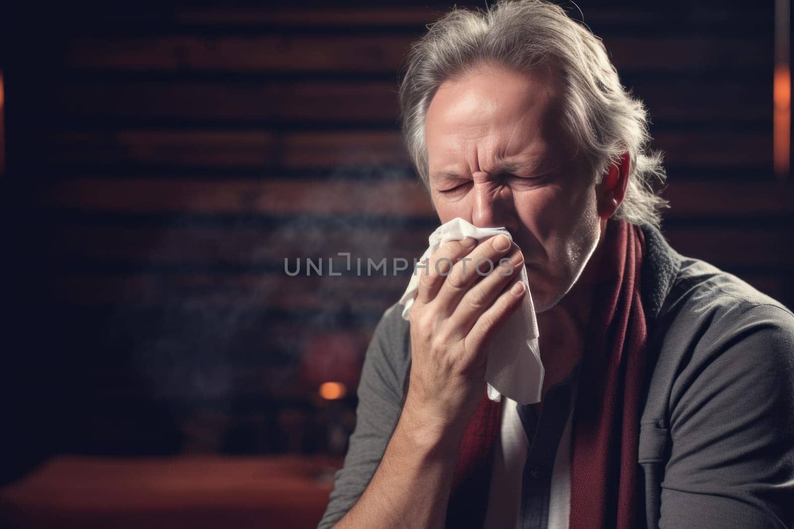Infirm Old senior blowing nose. Nose virus flu. Generate Ai