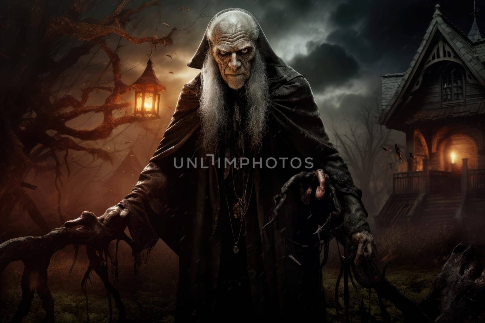 Chilling Old man halloween house. Holiday spooky. Generate Ai