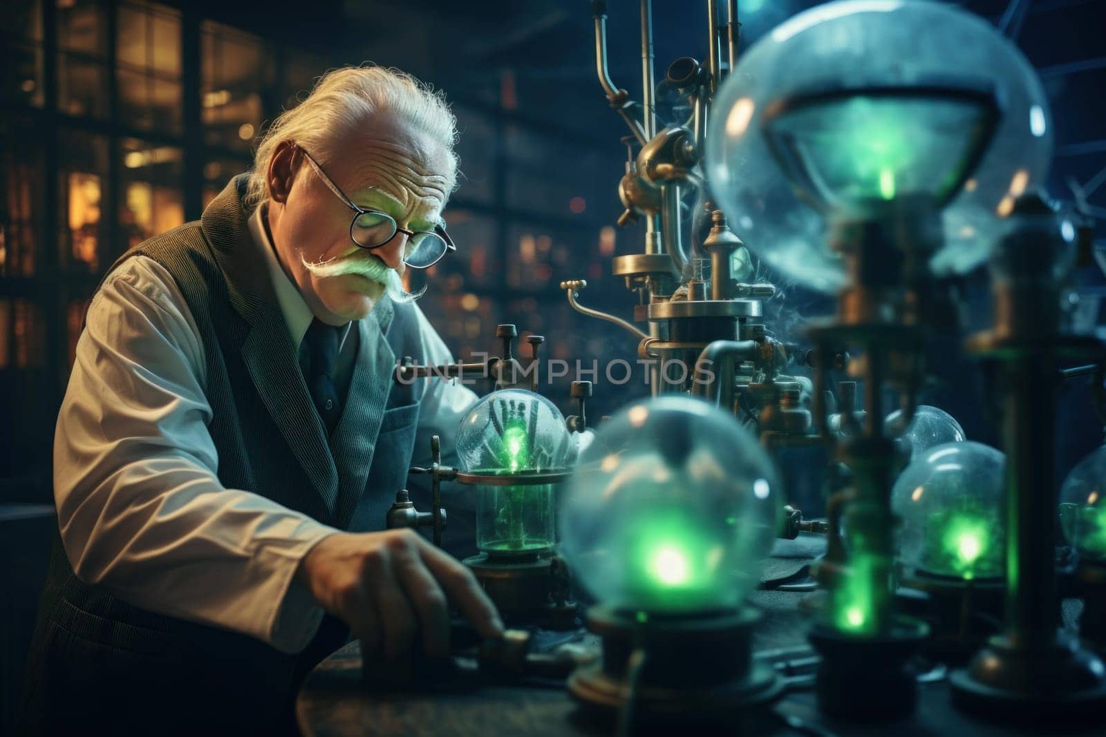 Old futuristic scientist lab. Business information. Fictional person. Generate Ai