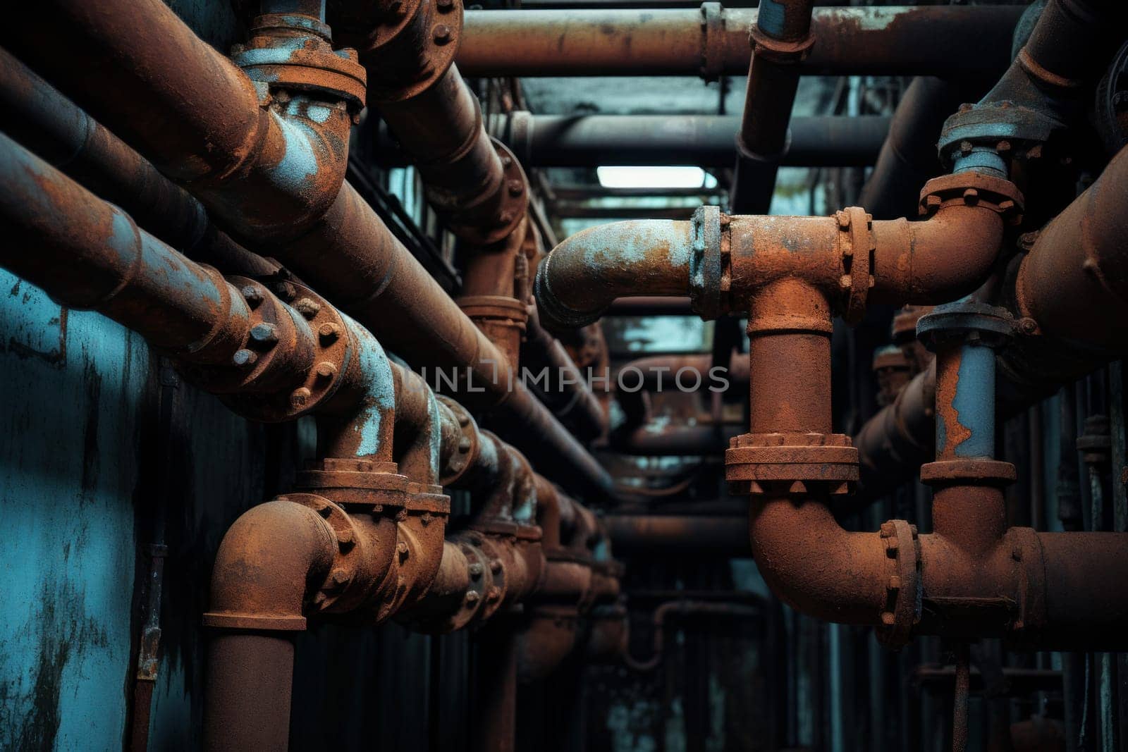 Abandoned Stack of rusty orange pipes. Old rusted steel industrial pipelines covered with oxidized scab. Generate ai