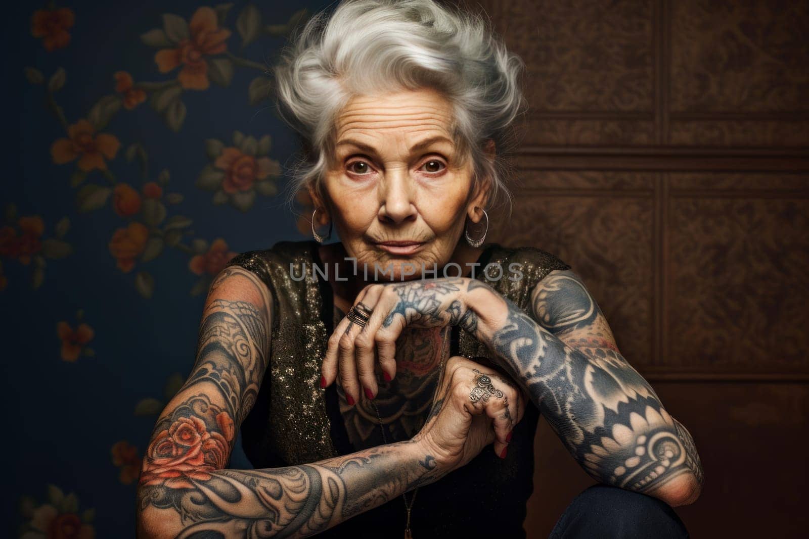 Vintage Old woman tattoo. Senior mature lady. Generate Ai