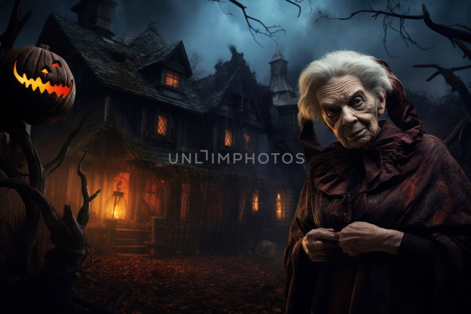 Old woman halloween house. Fear mystery. Generate Ai