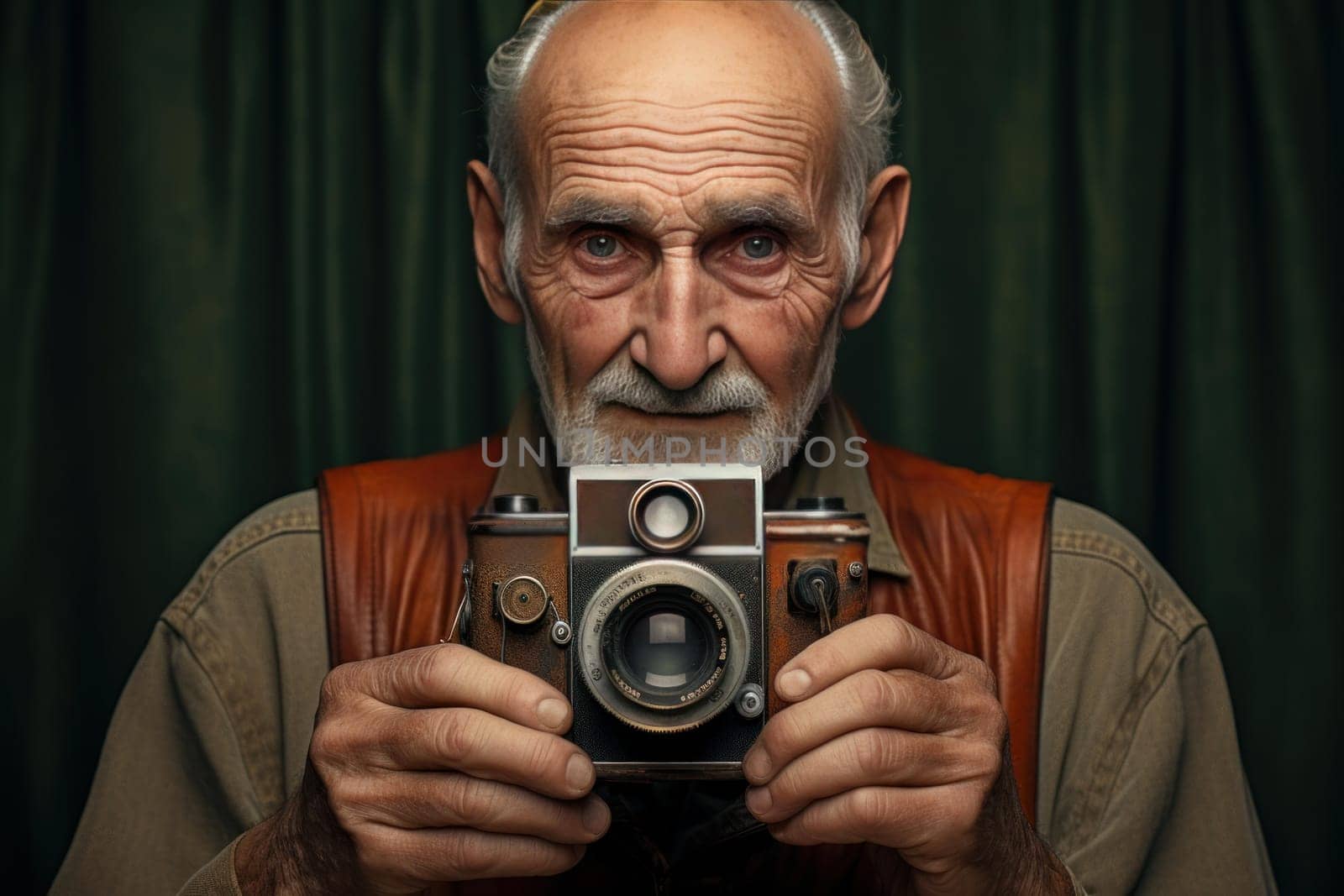 Adventurous old man take photo at street. Person city. Generate Ai