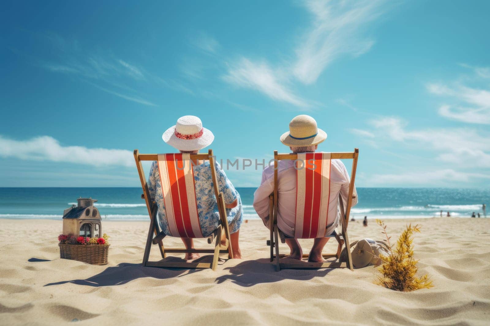 Weathered Old couple beach. Man sea older. Generate Ai