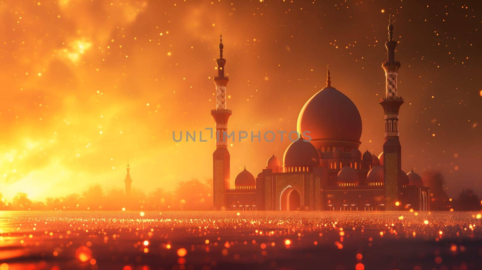 Ramadan mosque at golden dusk background. Neural network generated in January 2024. Not based on any actual scene or pattern.
