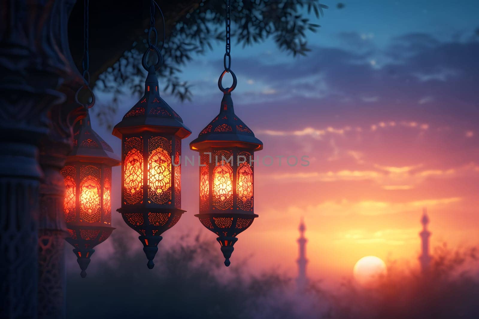 fanous Ramadan lanterns at night with mosque in the background. Neural network generated in January 2024. Not based on any actual scene or pattern.