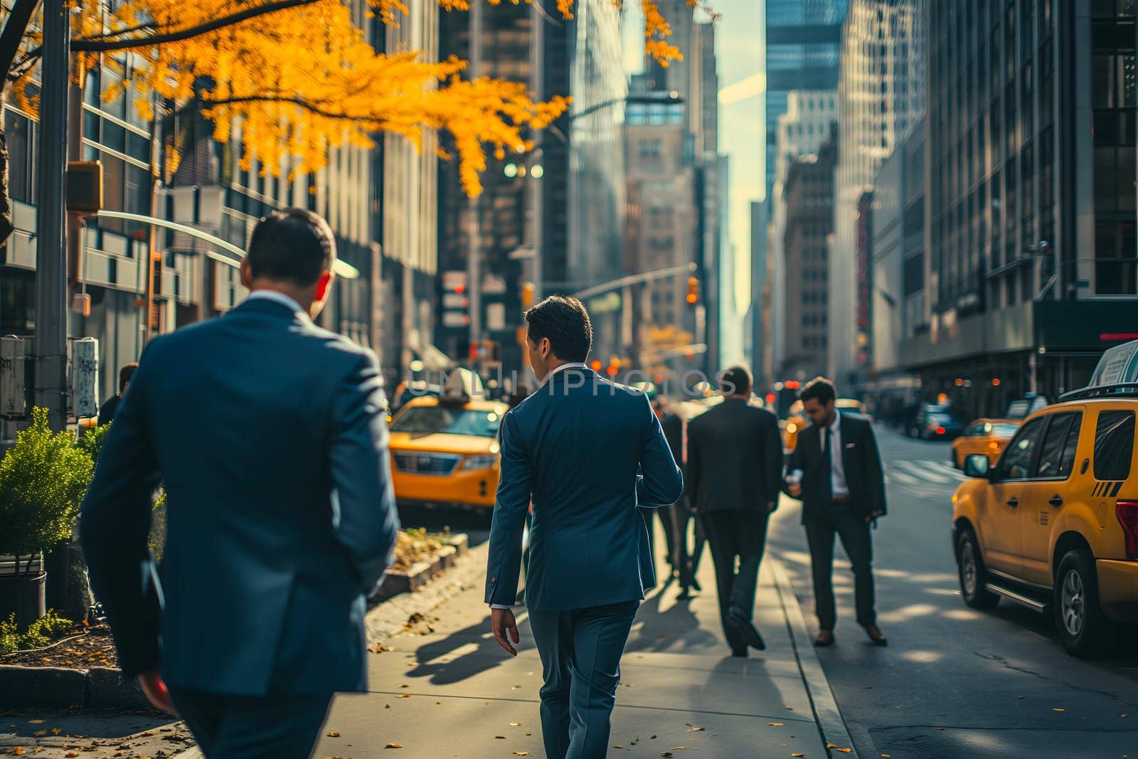 Close up abstract business background with businessmen navigating the cityscape, Interacting and collaborating. Neural network generated image. Not based on any actual person or scene.