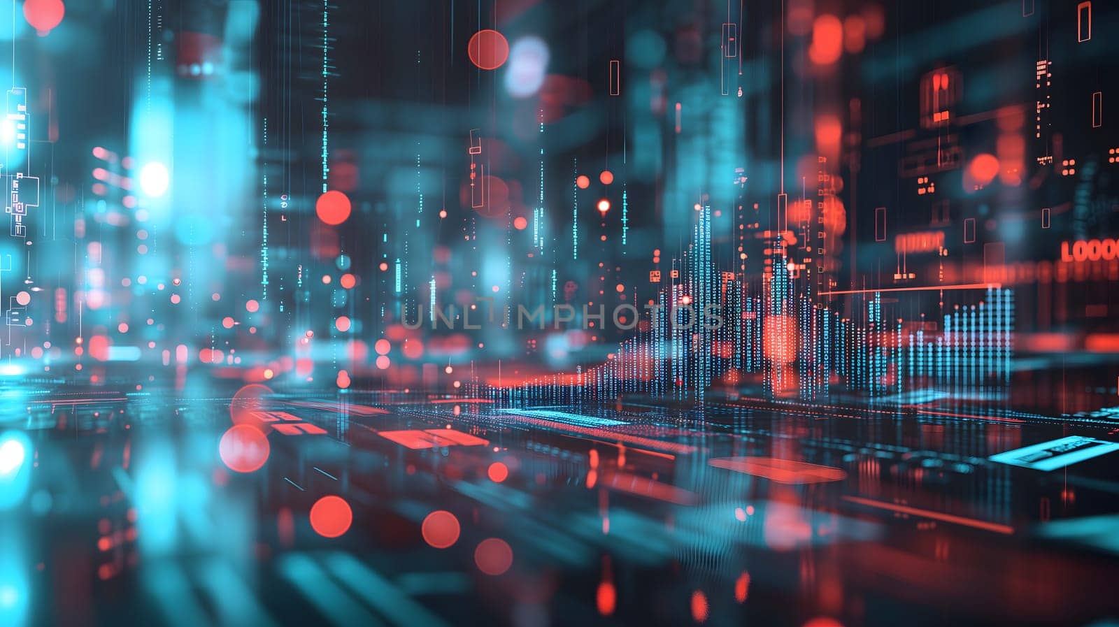 Dynamic Finance Flow, Double Exposure of Data and Technology background. Neural network generated image. Not based on any actual scene or pattern.