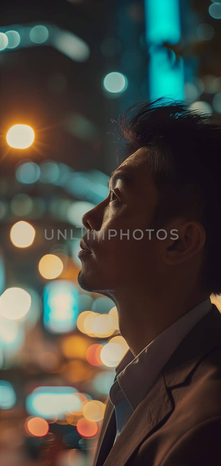 Close up of a young successful Asian business man looking at the night city with professional cinematic light. Neural network generated image. Not based on any actual person or scene.