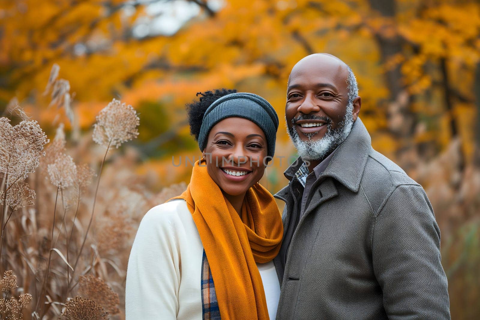 senior heterosexual African American couple in beautiful autumnal nature. Neural network generated image. Not based on any actual scene or pattern.