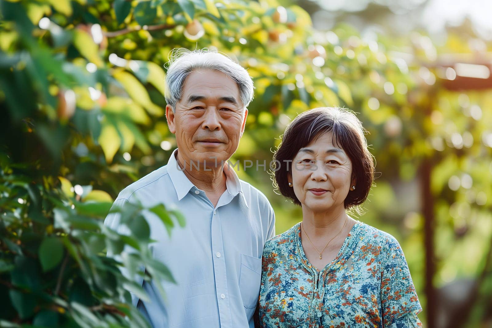 senior heterosexual Asian couple in beautiful summer nature. Neural network generated image. Not based on any actual scene or pattern.