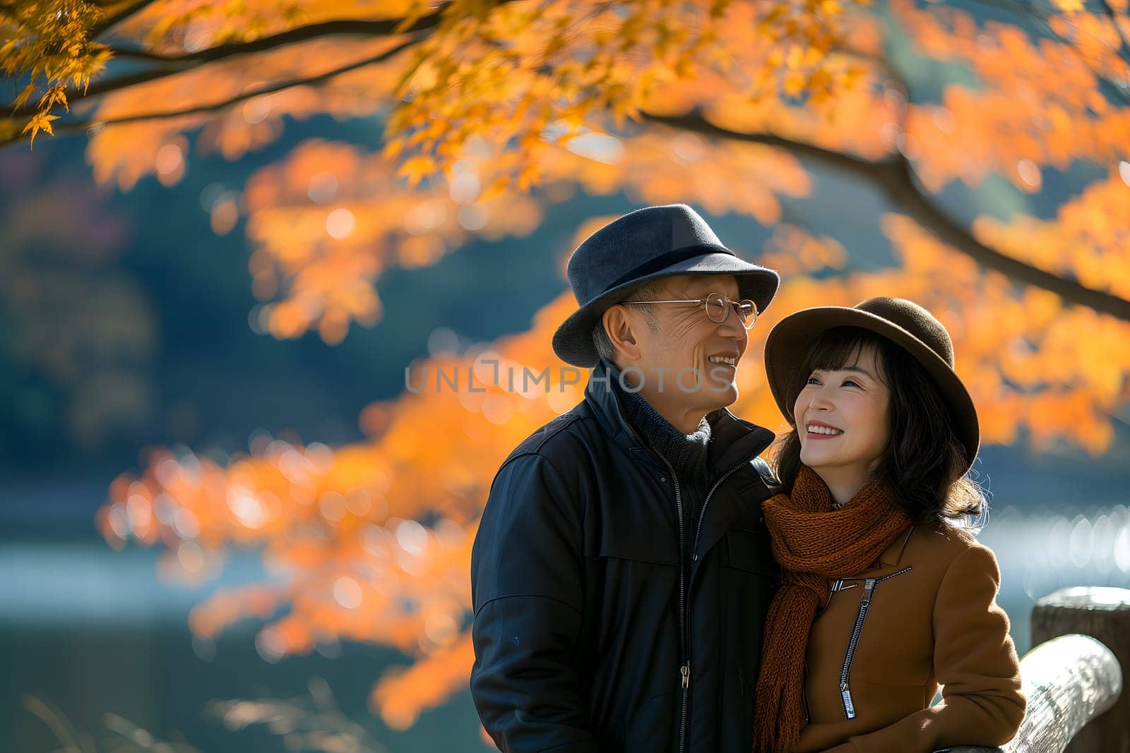 adult heterosexual Asian couple in beautiful autumnal nature. Neural network generated image. Not based on any actual scene or pattern.