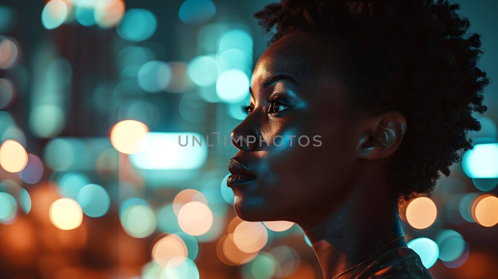 Close up of a young adult successful African American business woman looking at the night city with professional cinematic light. Neural network generated image. Not based on any actual person or scene.