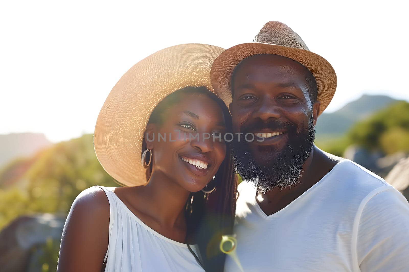 Young adult heterosexual African American couple in beautiful green summer nature. Neural network generated image. Not based on any actual scene or pattern.