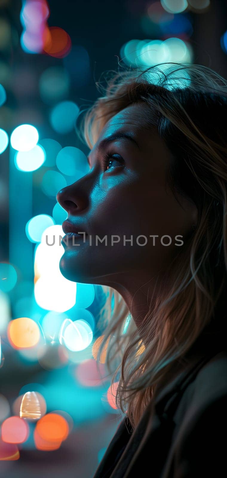 Close up of a young successful Caucasian business woman looking at the night city with professional cinematic light. Neural network generated image. Not based on any actual person or scene.