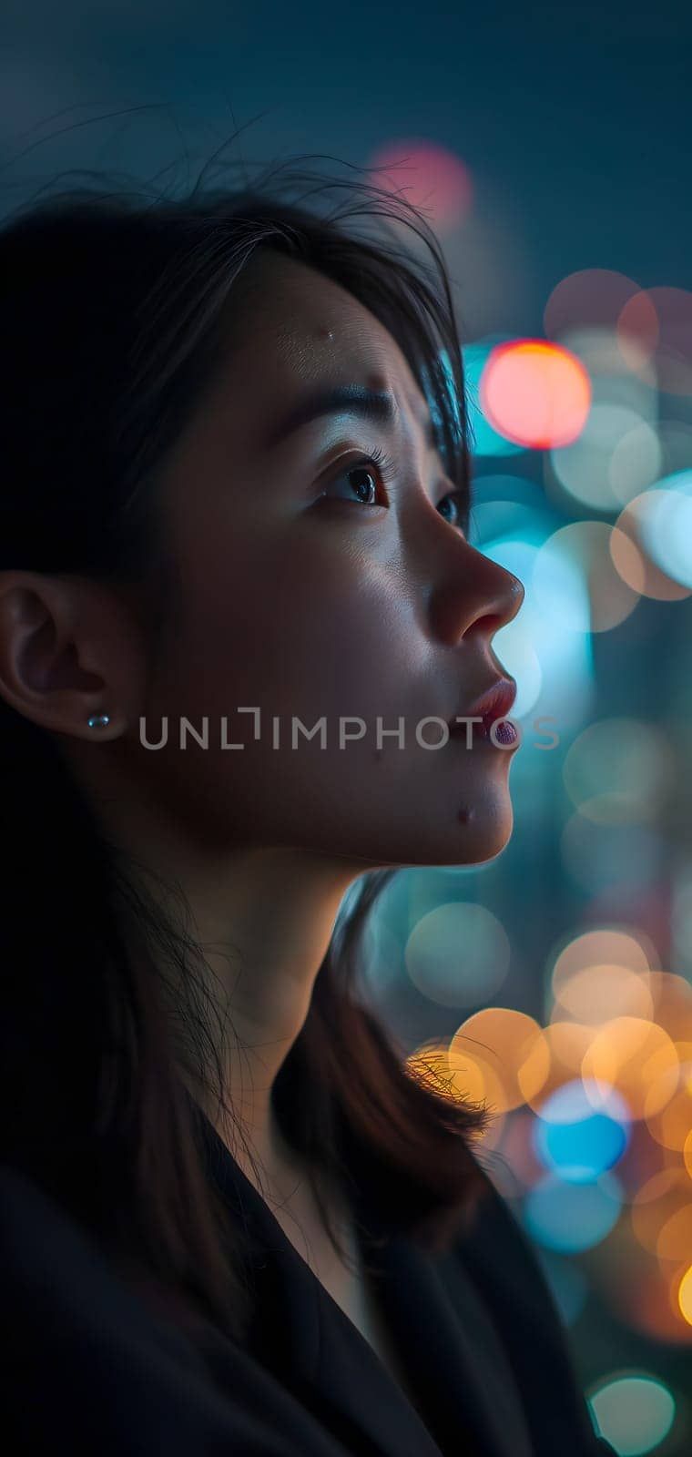 Close up of a young successful Asian business woman looking at the night city with professional cinematic light. Neural network generated image. Not based on any actual person or scene.