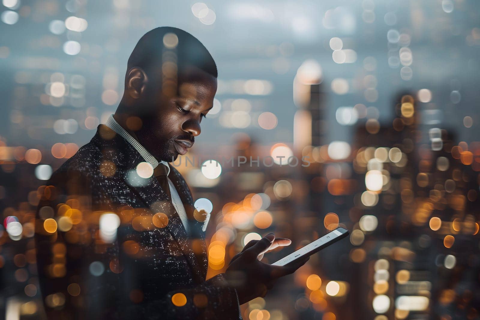 Double exposure of business and a city - African American businessman using a digital tablet superimposed on a city skyline. Neural network generated image. Not based on any actual person or scene.