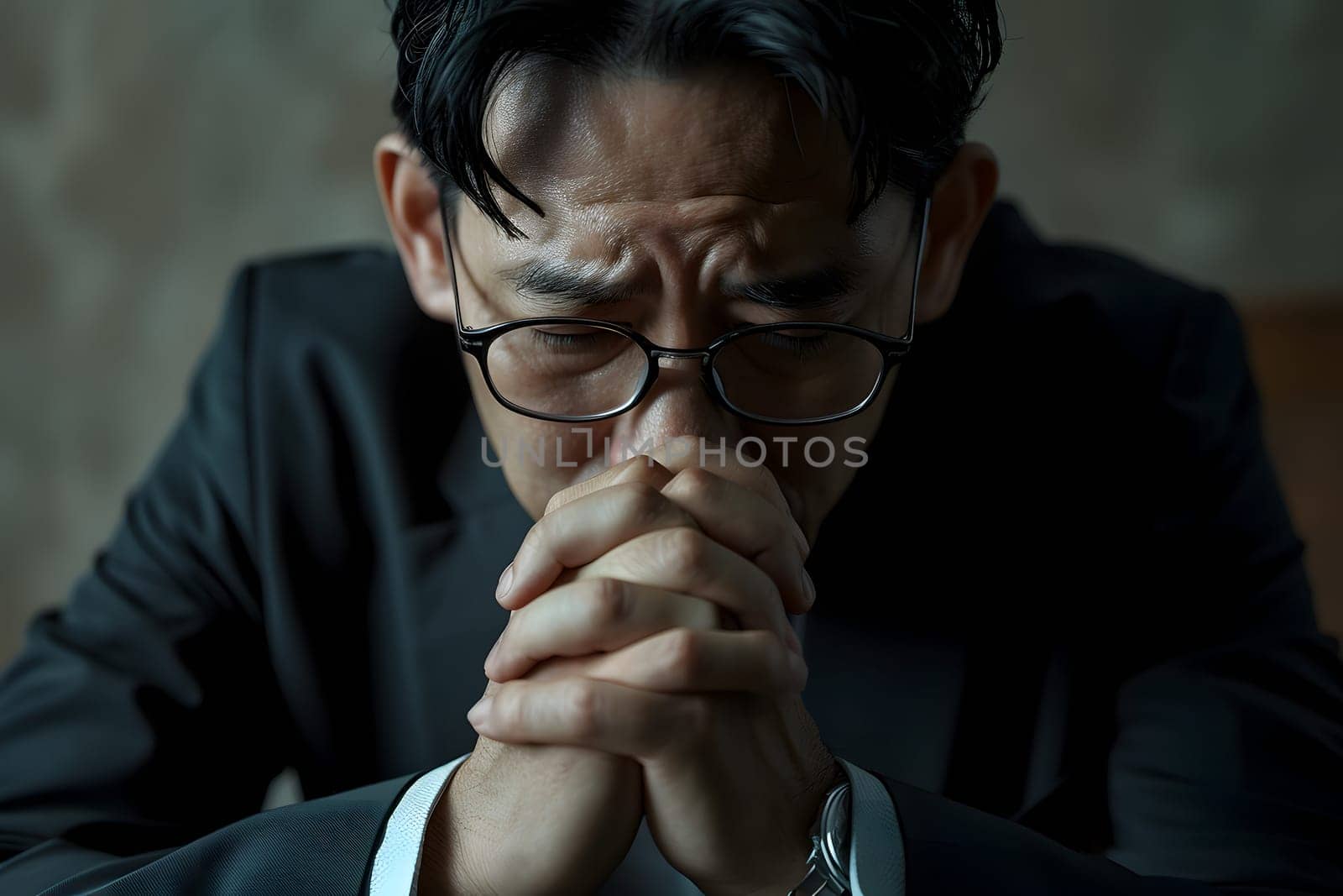 Asian businessman with glasses seated with hands clasped in frustration and stress. Neural network generated image. Not based on any actual person or scene.