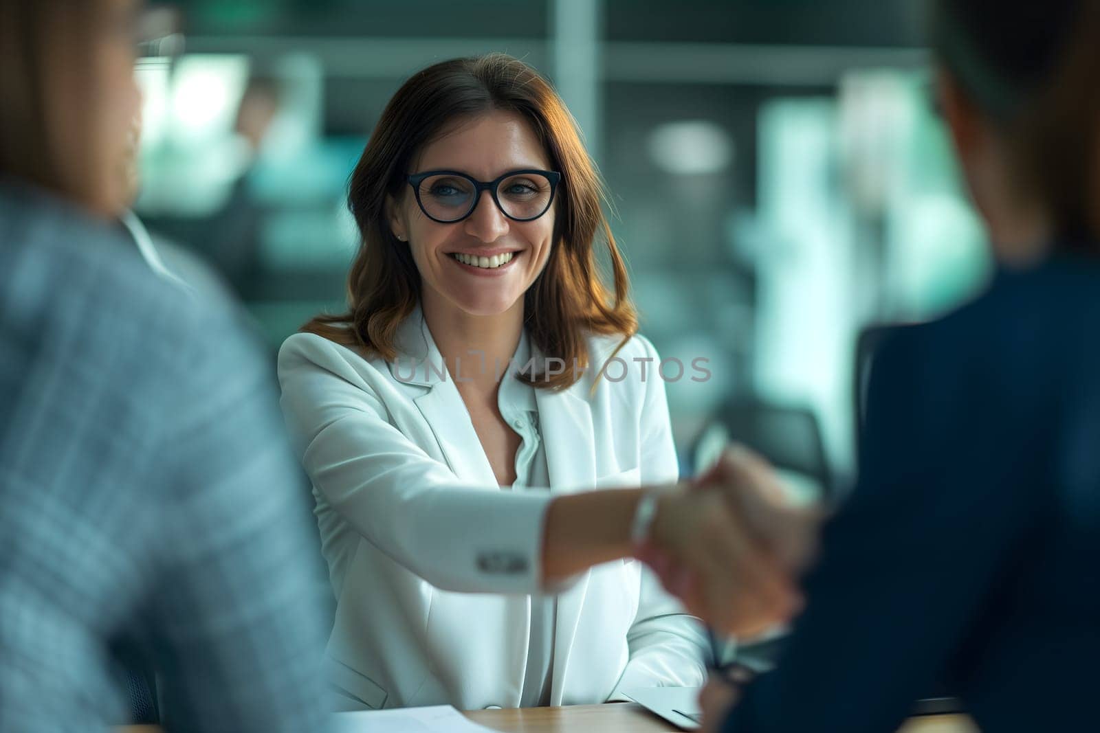 Happy mid aged business woman manager handshaking at office meeting. Neural network generated image. Not based on any actual person or scene.