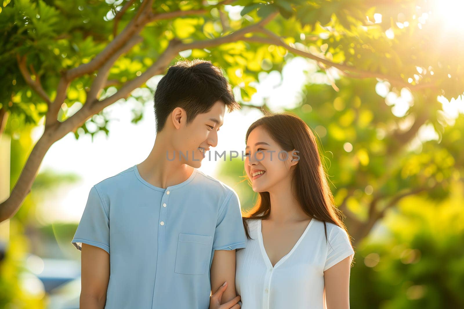 Young adult heterosexual Asian couple in beautiful summer nature. Neural network generated image. Not based on any actual scene or pattern.
